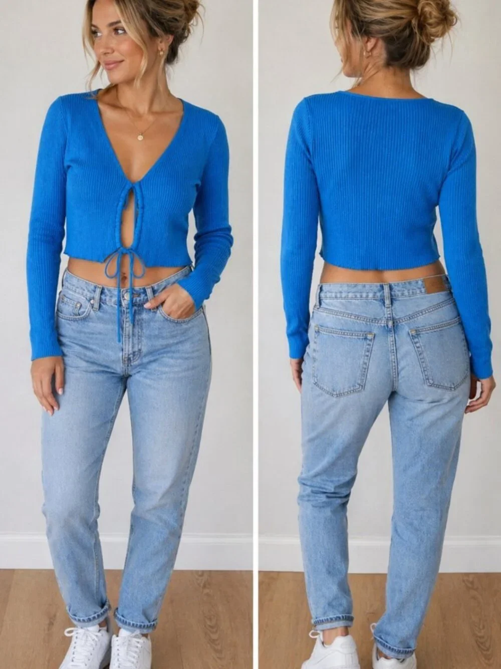 ZARA Blue Ribbed Knit Tie Front Crop Cardigan Top Size M
